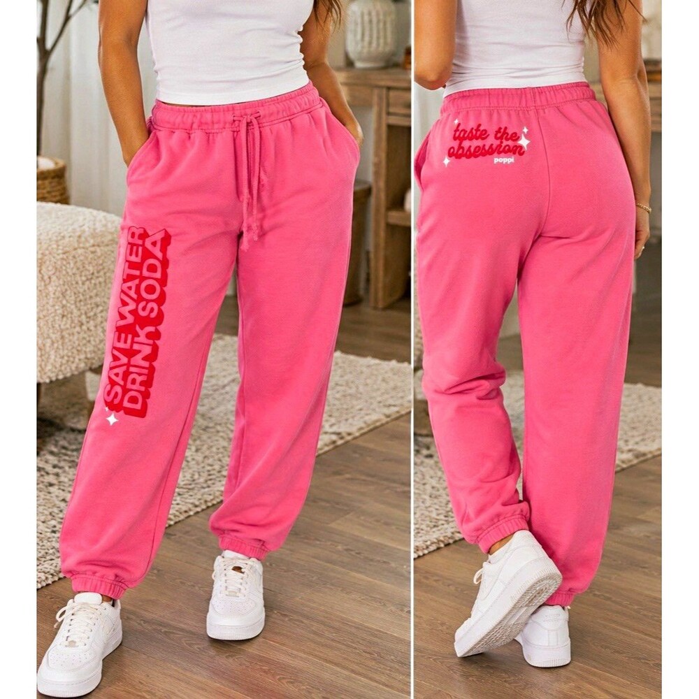 NWOT Poppi "Save Water Drink Soda" Pink Graphic Jogger Sweatpants Size M